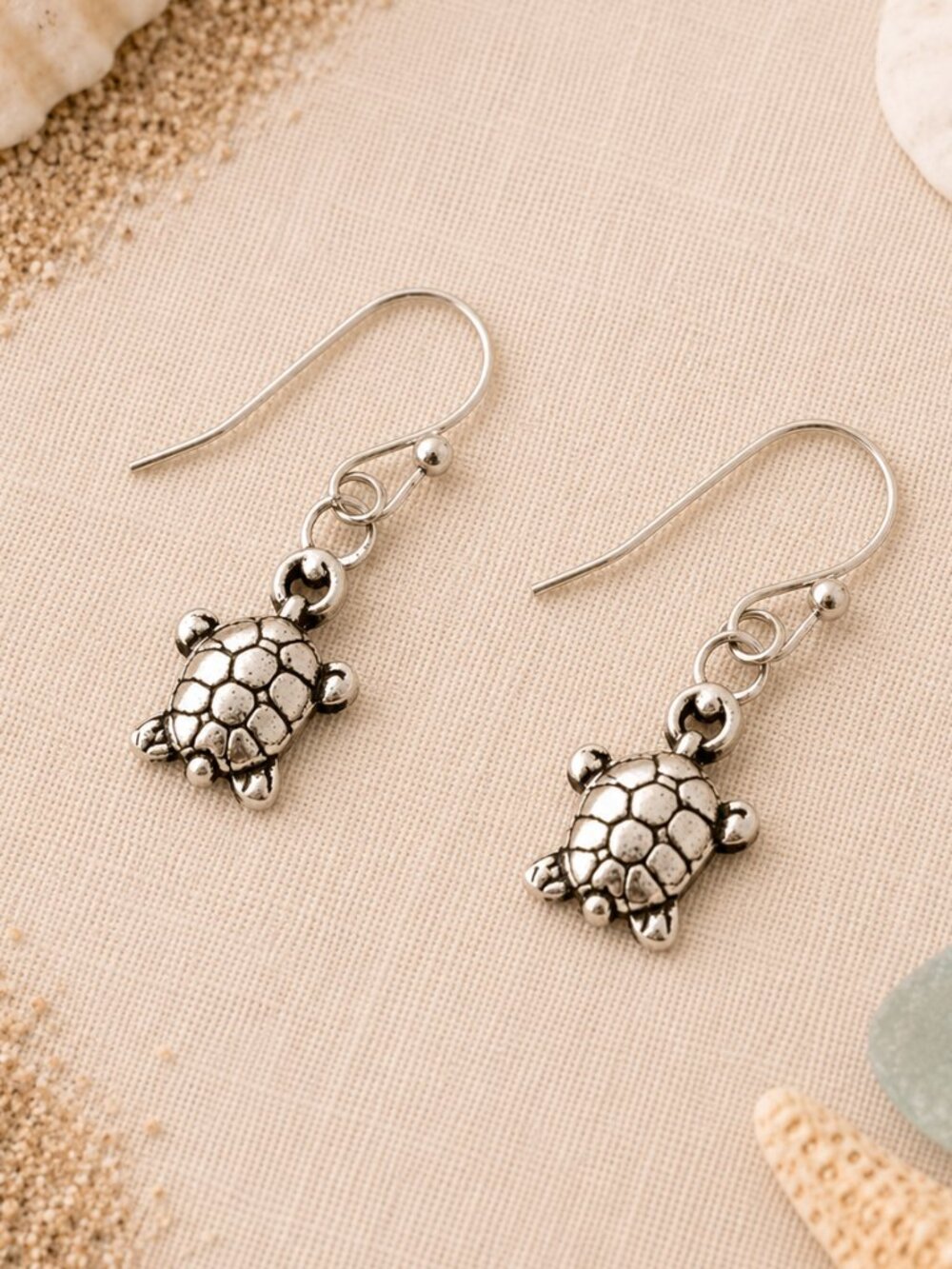 Dainty Silver Turtle Dangle Earrings Coastal Nature Minimalist